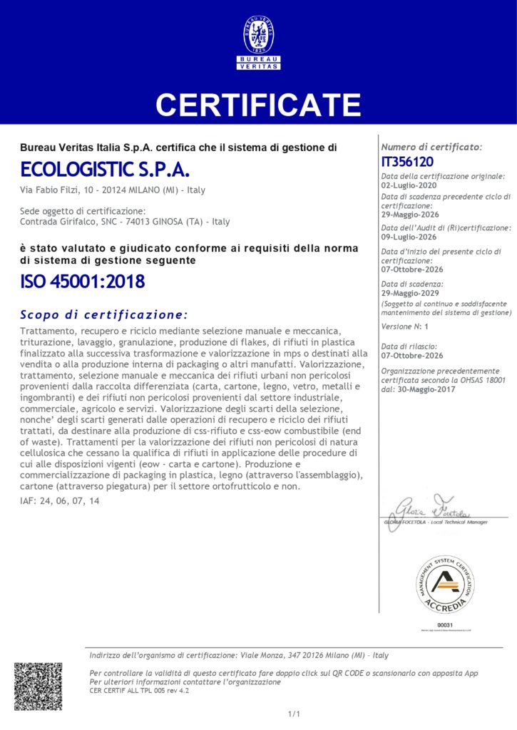 Certificazione ISO 45001:2018 di Ecologistic S.p.A. rilasciata da Bureau Veritas per il sistema di gestione della salute e sicurezza sul lavoro.